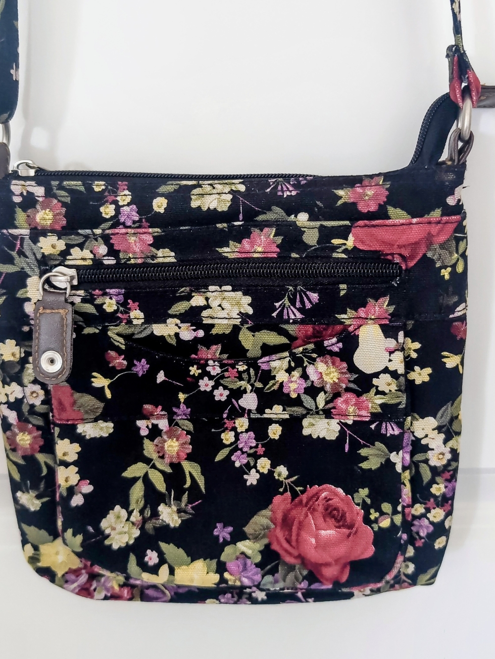 Floral Crossbody Shoulder Bag - Black with Pink Floral